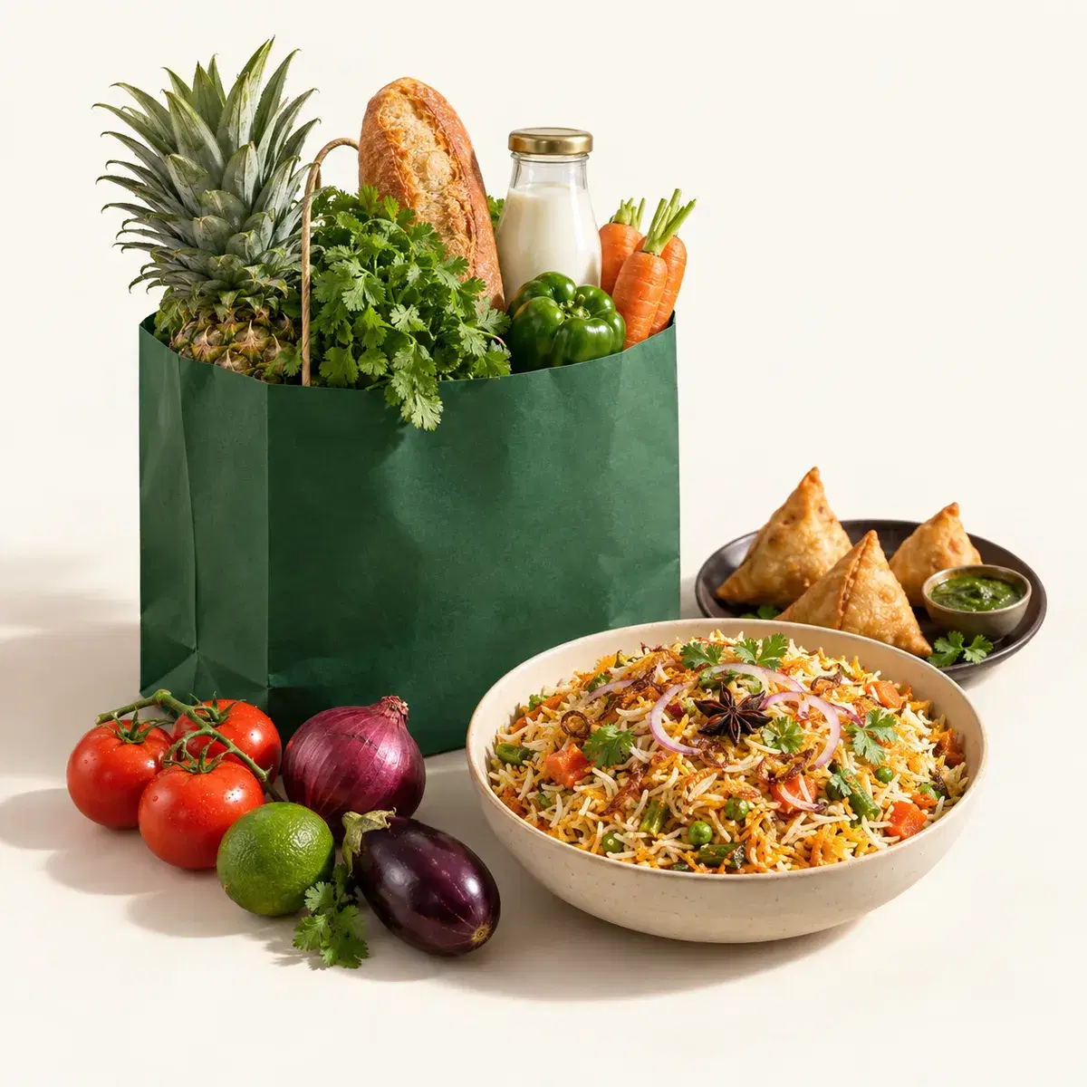 Fresh vegetables, milk and groceries alongside biryani and samosas