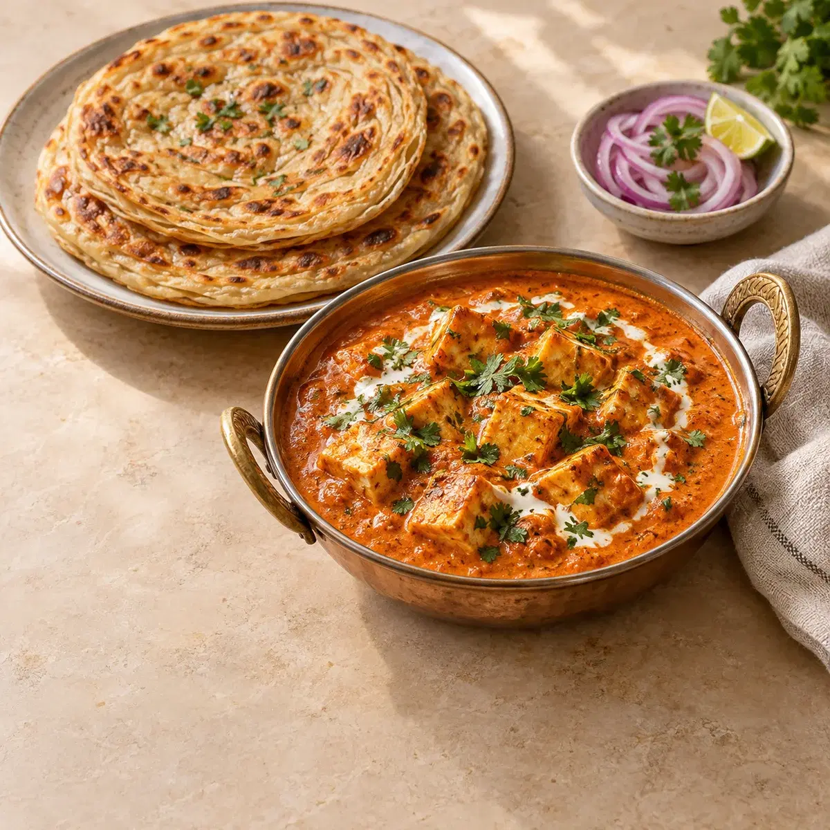 Fresh paneer butter masala with golden flaky parathas, onion and lime